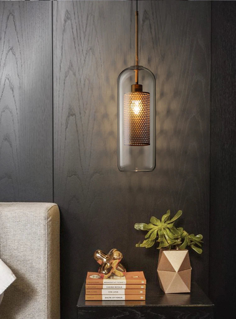 LuxRoyale Double-Layer Glass Pendant Light With Inner Mesh Core and Outer Glass Shade