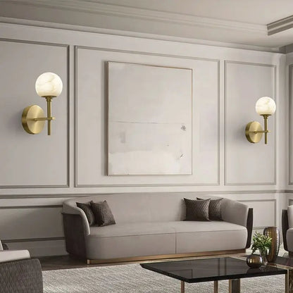 Royelux Modern Brass & Alabaster Globe Wall Sconce for Bedroom & Living Room.