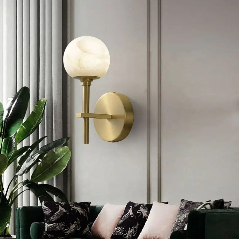 Royelux Modern Brass & Alabaster Globe Wall Sconce for Bedroom & Living Room.