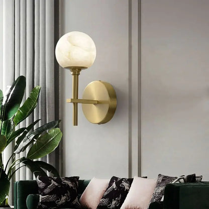 Royelux Modern Brass & Alabaster Globe Wall Sconce for Bedroom & Living Room.