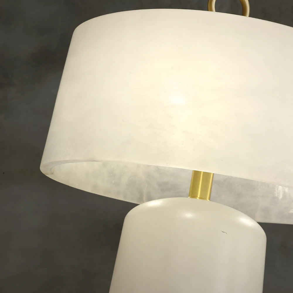 LuxRoyale Alabaster & Brass LED Table Lamp with Drum Shade & Ring Finial
