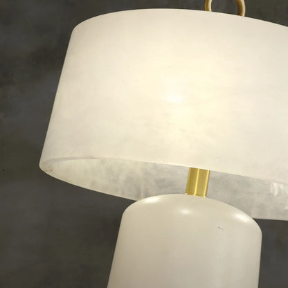 LuxRoyale Alabaster & Brass LED Table Lamp with Drum Shade & Ring Finial