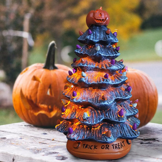 Halloween Ceramic Ornament Creative LED Christmas Tree Pumpkin Lighted Decorative Lamp Statue Home Decoration Supplies 0