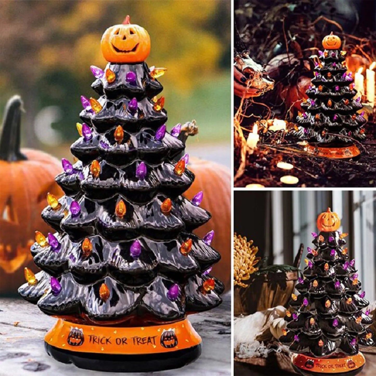 Halloween Ceramic Ornament Creative LED Christmas Tree Pumpkin Lighted Decorative Lamp Statue Home Decoration Supplies 1