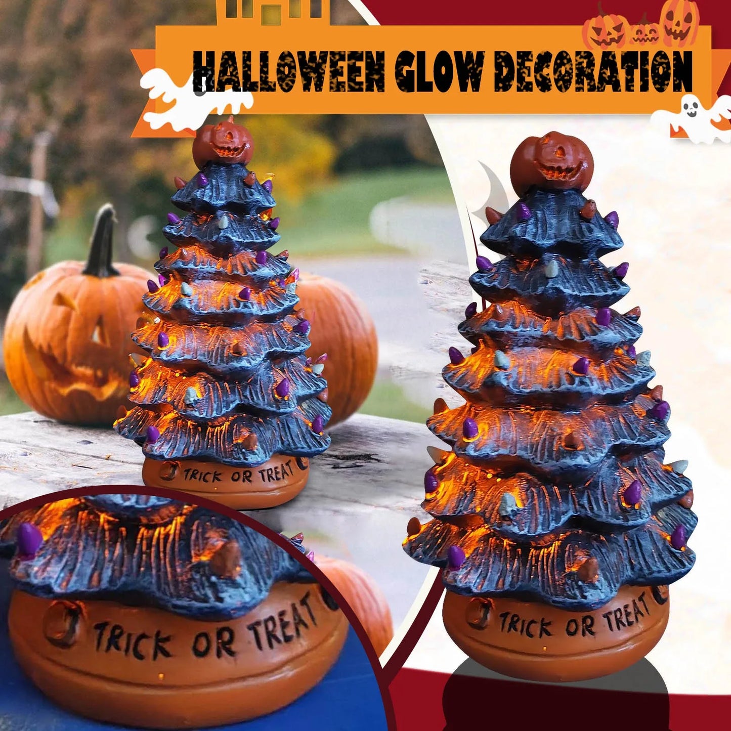 Halloween Ceramic Ornament Creative LED Christmas Tree Pumpkin Lighted Decorative Lamp Statue Home Decoration Supplies 3