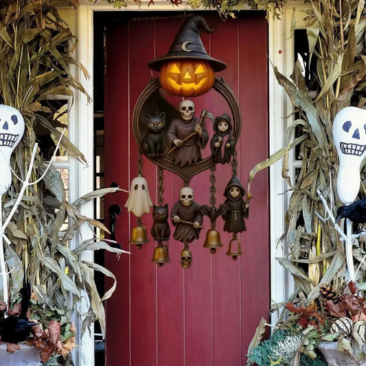 Halloween Gothic Wind Chime Spooky Bell Chime with Pumpkin Lantern Grim Reaper Ghost Black Cat for Home Porch Decoration 0