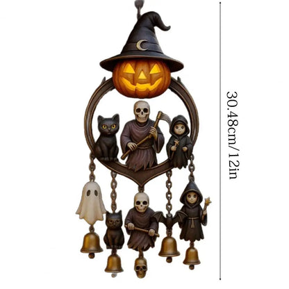 Halloween Gothic Wind Chime Spooky Bell Chime with Pumpkin Lantern Grim Reaper Ghost Black Cat for Home Porch Decoration 5