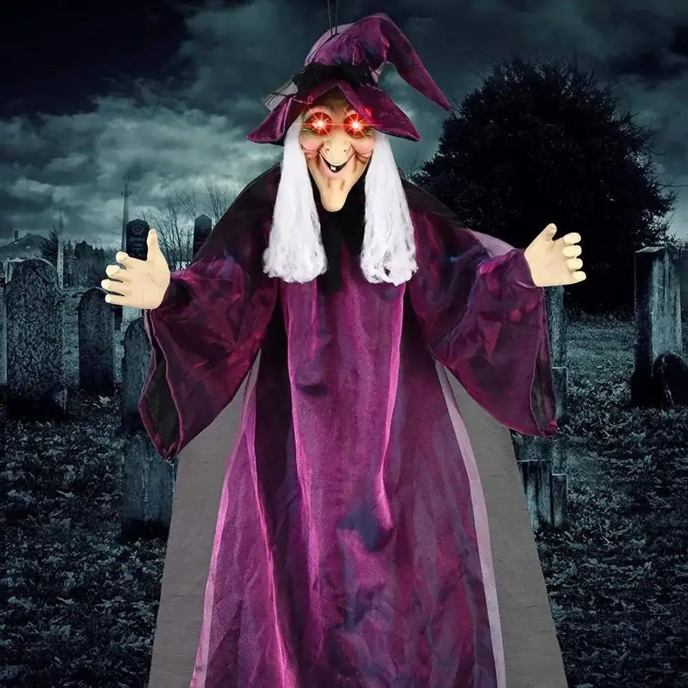 Halloween Life Size Talking Witch Purple Outdoor Spooky Scary Witch Animatronic Voice Controlled Glowing Screaming Decoration 0