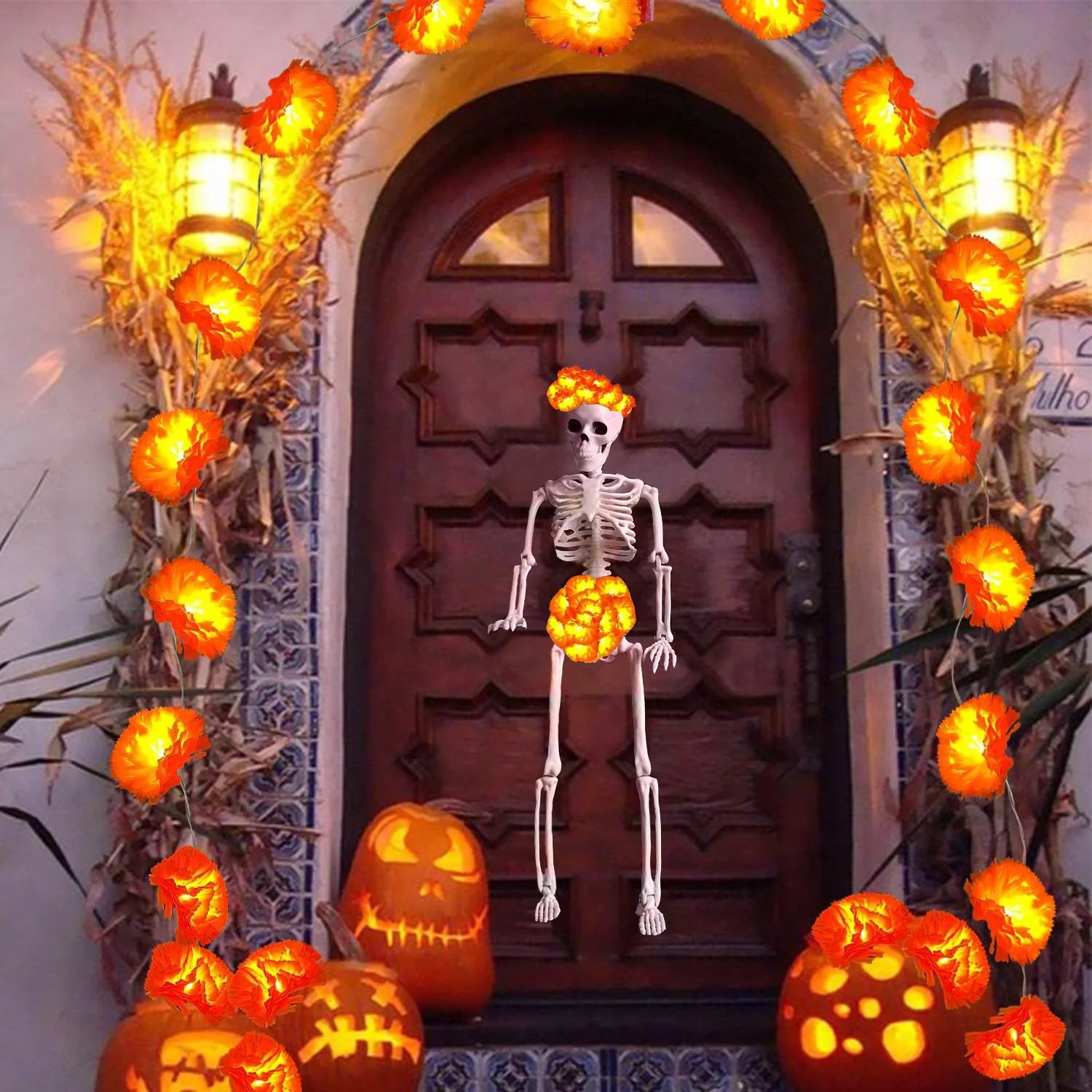 Halloween Marigold Garland LED Light String Artificial Marigold Flowers Battery Powered Halloween Lamp Outdoor Party Decorations 0