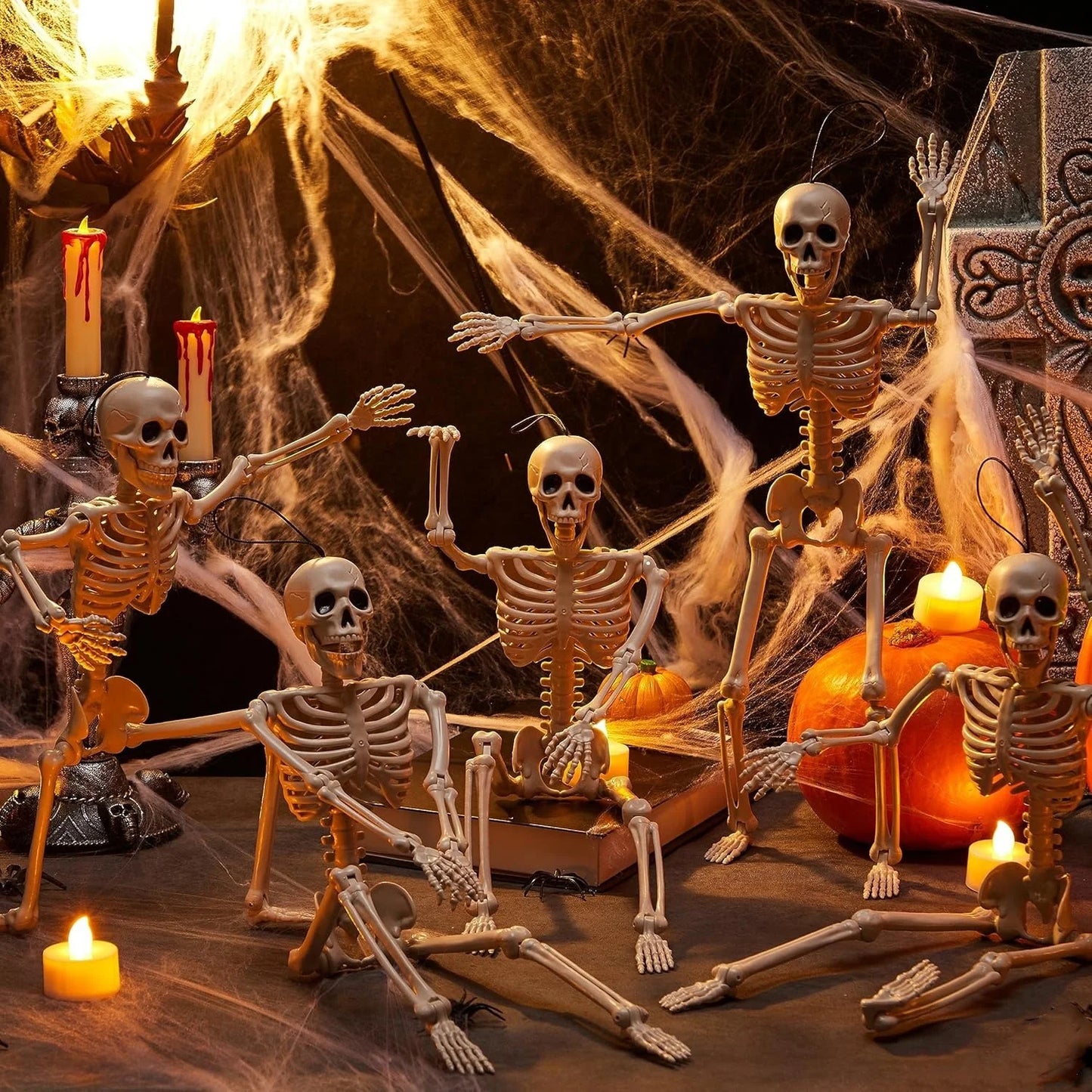 Halloween Outdoor Skeleton Plastic Posable Skeleton with Movable Joints Small Hanging Skeletons for Haunted House Graveyard Prop 0