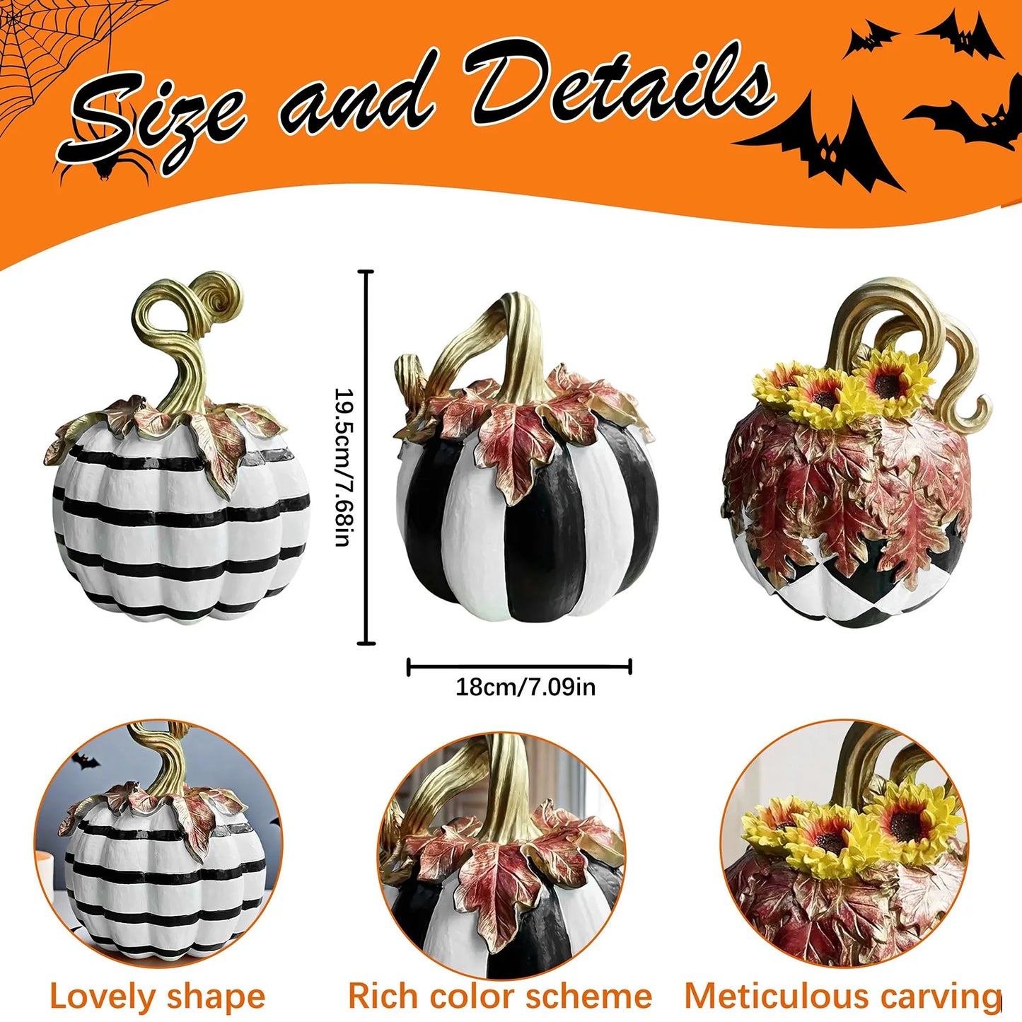 Halloween Pumpkin Decor Black and White Resin Pumpkin Fake Vegetable Tabletop Decoration for Home Holiday Party 5