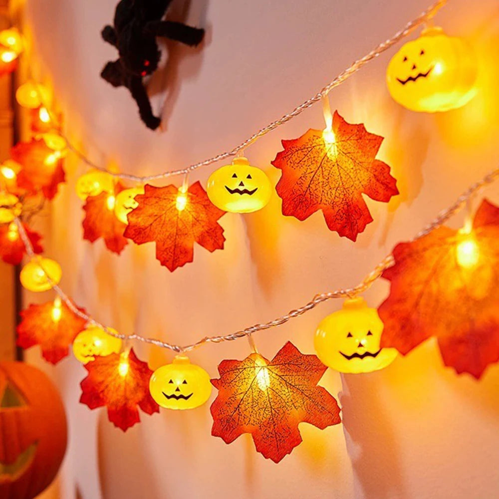 Halloween Pumpkin Maple Leaf String Lights Artificial Autumn Leaves LED Light String Fall Decor for Home Party Thanksgiving 0