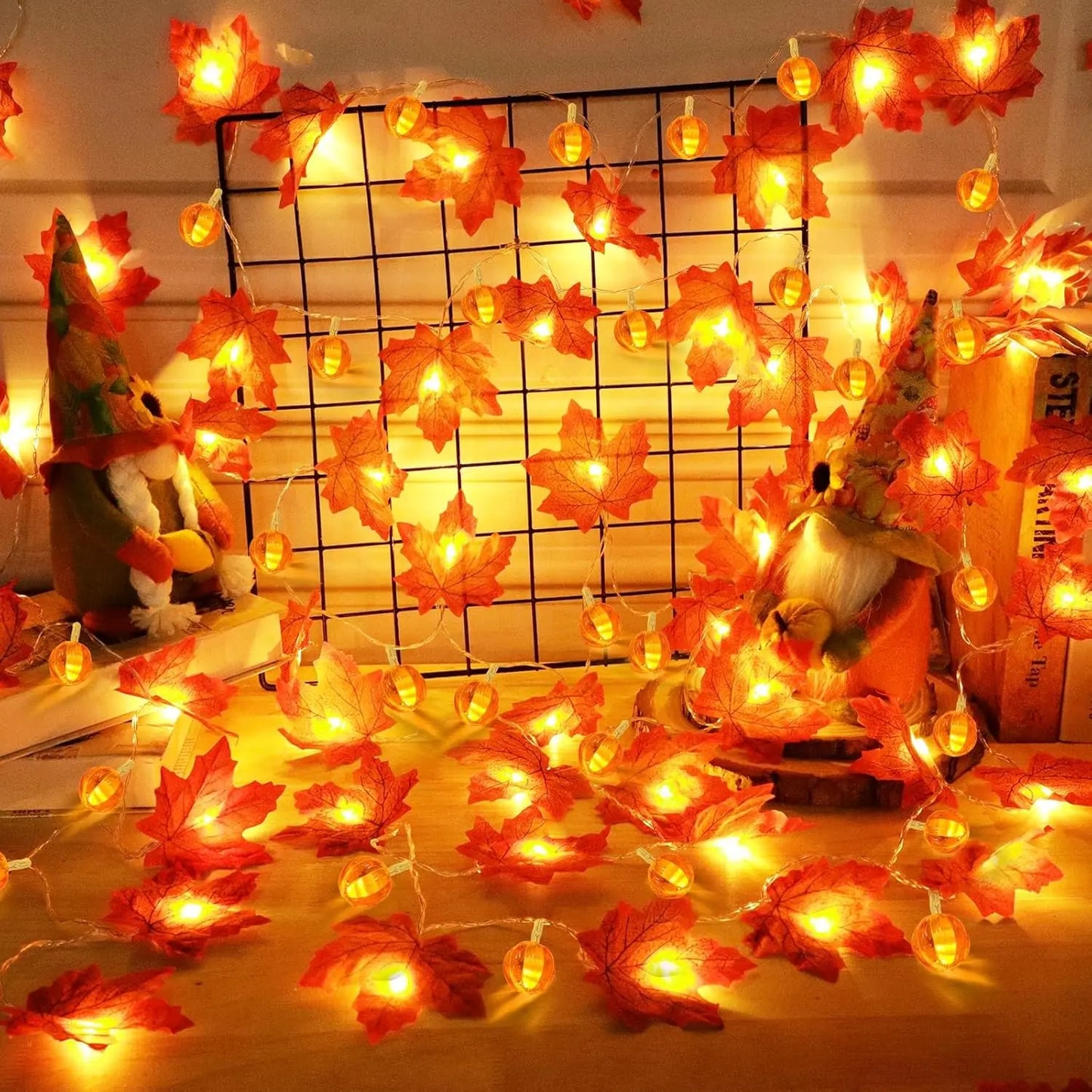 Halloween Pumpkin Maple Leaf String Lights Artificial Autumn Leaves LED Light String Fall Decor for Home Party Thanksgiving 1