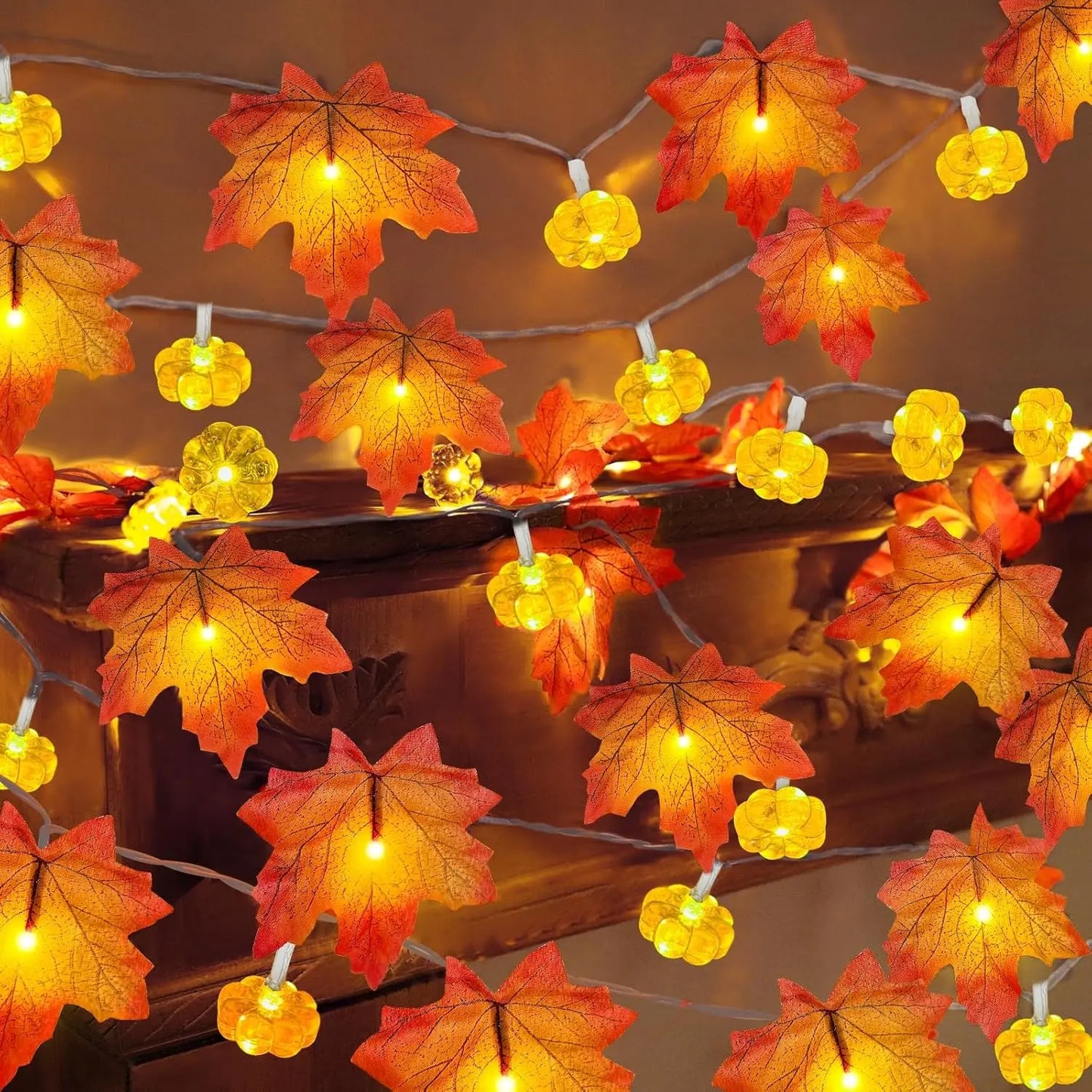Halloween Pumpkin Maple Leaf String Lights Artificial Autumn Leaves LED Light String Fall Decor for Home Party Thanksgiving 2