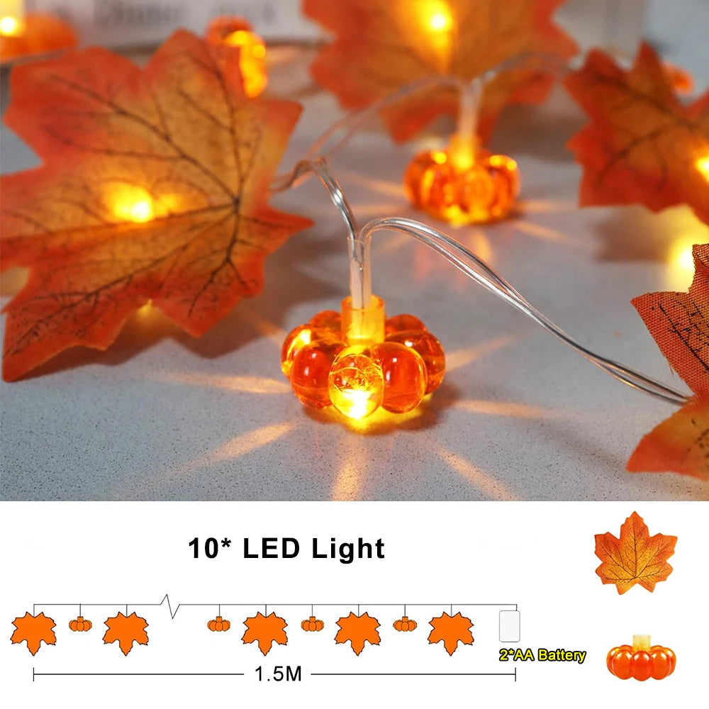 Halloween Pumpkin Maple Leaf String Lights Artificial Autumn Leaves LED Light String Fall Decor for Home Party Thanksgiving 5