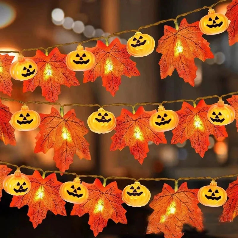 Halloween Pumpkin Maple Leaf String Lights Artificial Autumn Leaves LED Light String Fall Decor for Home Party Thanksgiving 6