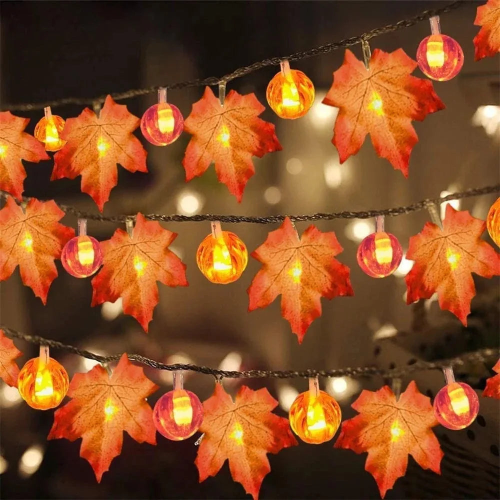 Halloween Pumpkin Maple Leaf String Lights Artificial Autumn Leaves LED Light String Fall Decor for Home Party Thanksgiving 7