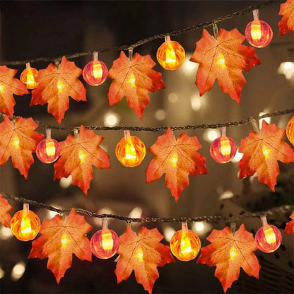 Halloween Pumpkin Maple Leaf String Lights Artificial Autumn Leaves LED Light String Fall Decor for Home Party Thanksgiving 7