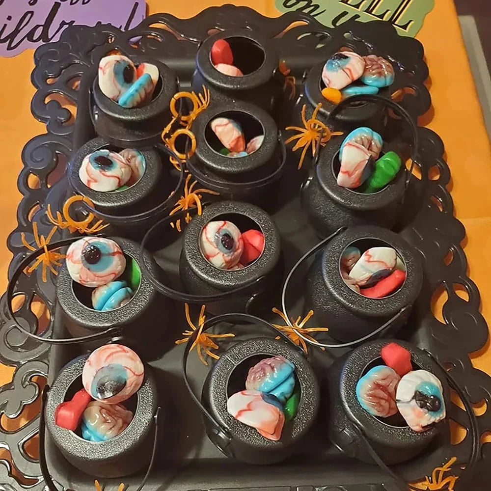 Halloween Witch Cauldron Decoration,Mini Black Plastic Witches Cauldron,Pumpkin Treat Bucket,Candy Basket,Trick Or Treat 2