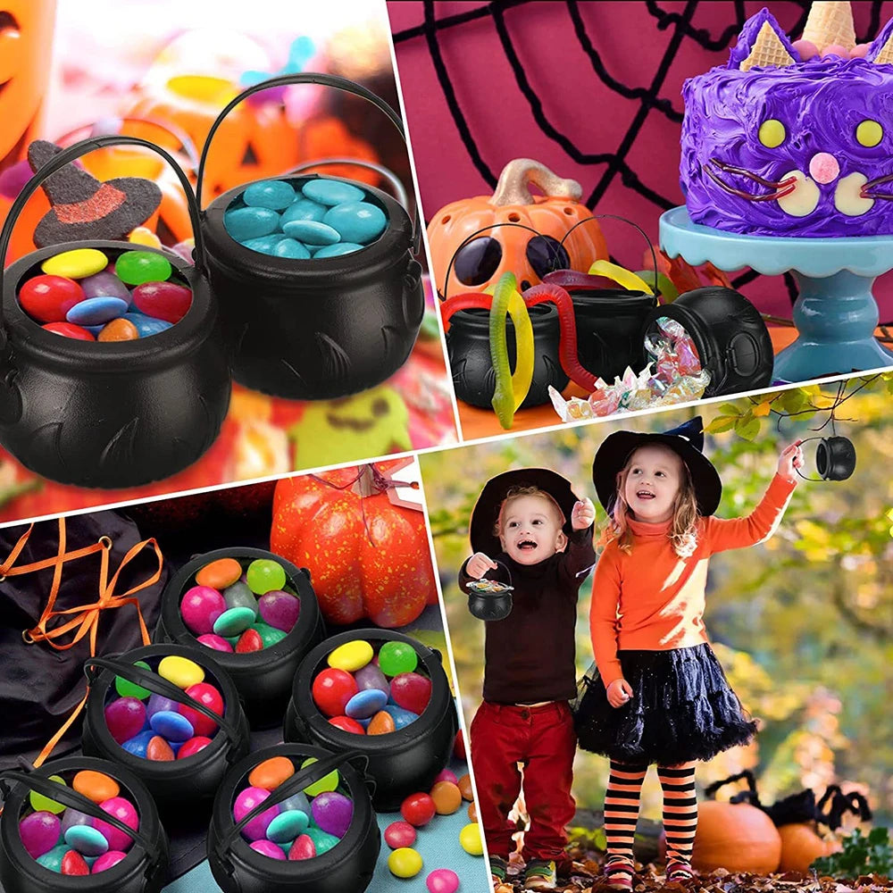 Halloween Witch Cauldron Decoration,Mini Black Plastic Witches Cauldron,Pumpkin Treat Bucket,Candy Basket,Trick Or Treat 3