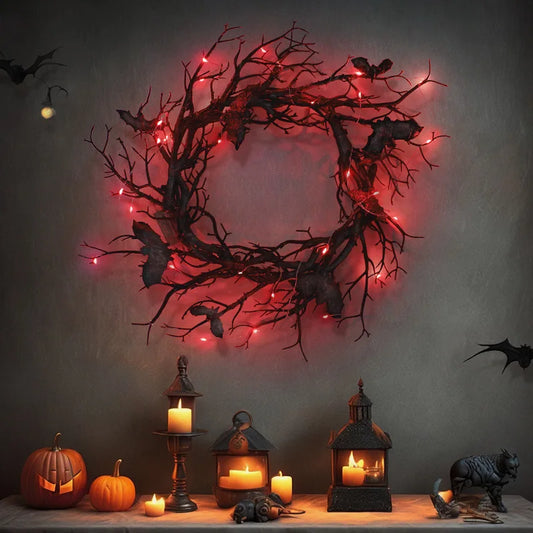 Halloween Wreath Bat Black Branch Wreaths With Red LED Light 45CM Wreaths For Doors Window Flower Garland Halloween Decoration 0