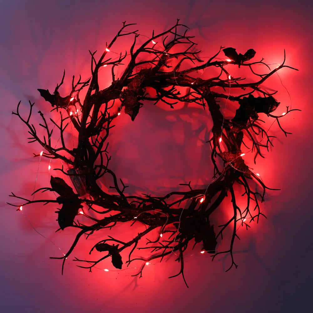 Halloween Wreath Bat Black Branch Wreaths With Red LED Light 45CM Wreaths For Doors Window Flower Garland Halloween Decoration 1