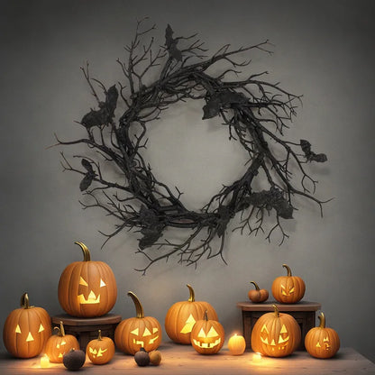 Halloween Wreath Bat Black Branch Wreaths With Red LED Light 45CM Wreaths For Doors Window Flower Garland Halloween Decoration 2