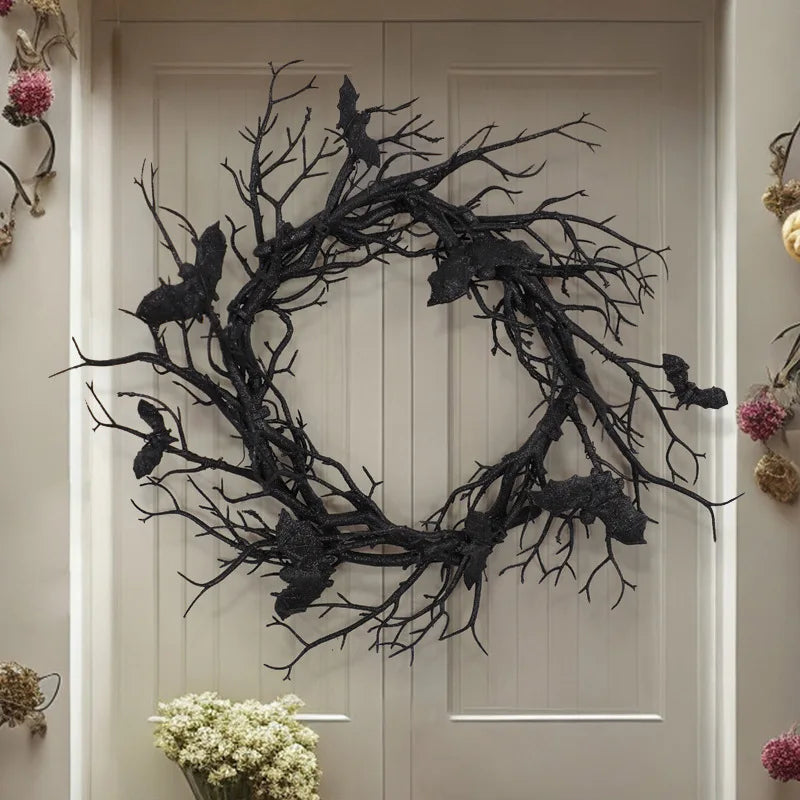 Halloween Wreath Bat Black Branch Wreaths With Red LED Light 45CM Wreaths For Doors Window Flower Garland Halloween Decoration 3
