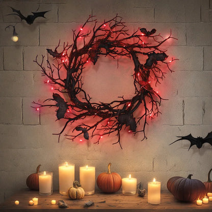 Halloween Wreath Bat Black Branch Wreaths With Red LED Light 45CM Wreaths For Doors Window Flower Garland Halloween Decoration 4