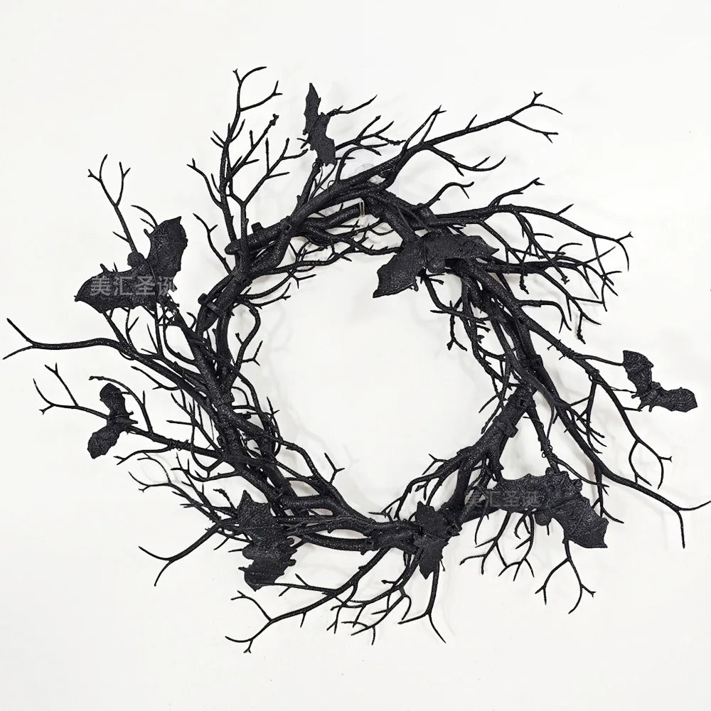 Halloween Wreath Bat Black Branch Wreaths With Red LED Light 45CM Wreaths For Doors Window Flower Garland Halloween Decoration 5