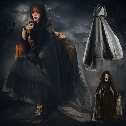 Halloween cool solid color long mesh shawl hooded unisex witch cloak cospay costume cloak performance costume photo decoration 0
