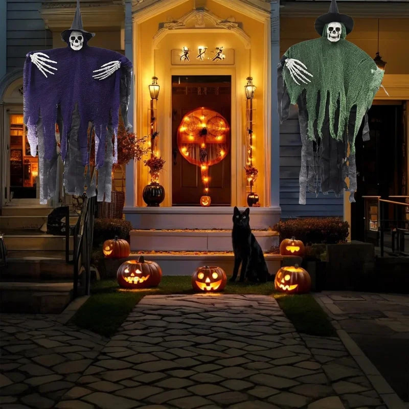Hanging Skeleton Ghosts,Scary Flying Ghost with Wizard Hat for Haunted House Decor, Patio Porch Skull Prop 0