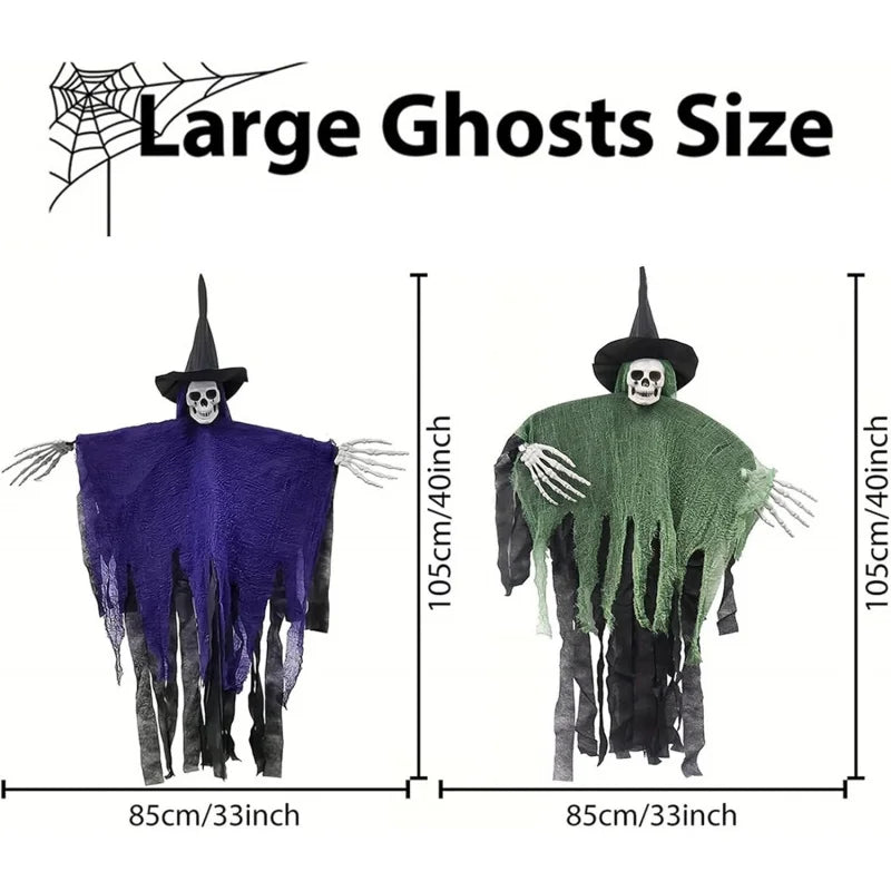Hanging Skeleton Ghosts,Scary Flying Ghost with Wizard Hat for Haunted House Decor, Patio Porch Skull Prop 1