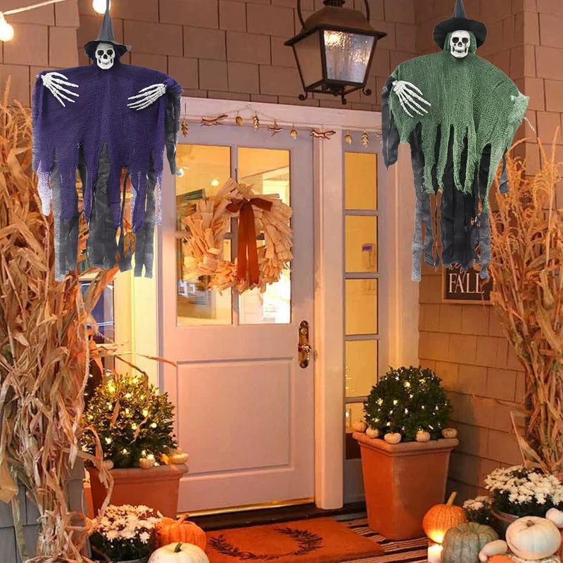 Hanging Skeleton Ghosts,Scary Flying Ghost with Wizard Hat for Haunted House Decor, Patio Porch Skull Prop 2