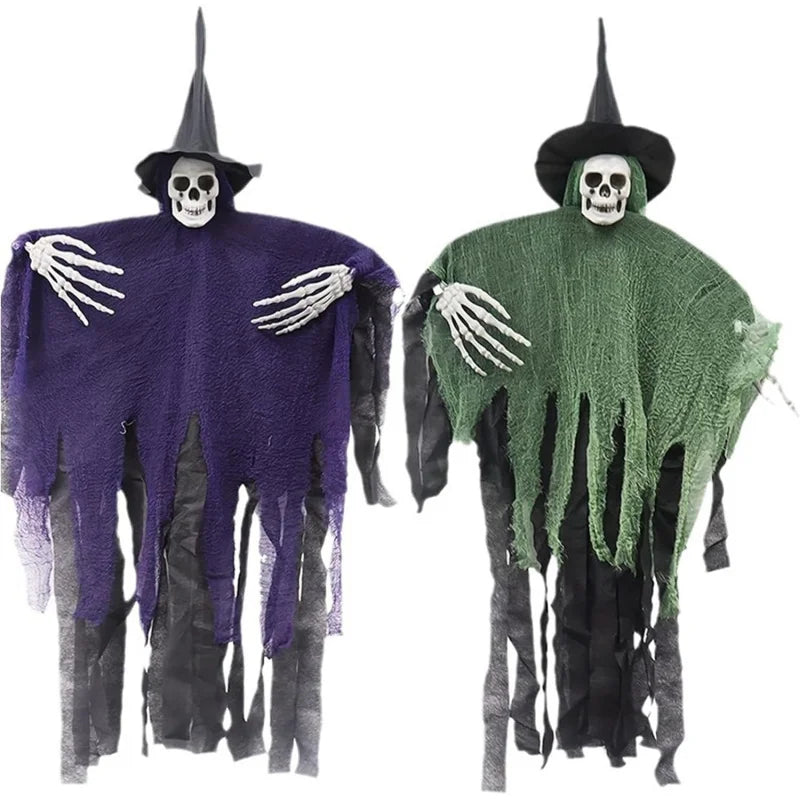 Hanging Skeleton Ghosts,Scary Flying Ghost with Wizard Hat for Haunted House Decor, Patio Porch Skull Prop 4