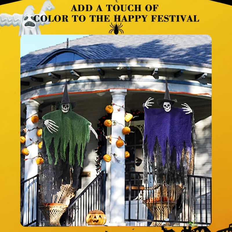 Hanging Skeleton Ghosts,Scary Flying Ghost with Wizard Hat for Haunted House Decor, Patio Porch Skull Prop 5