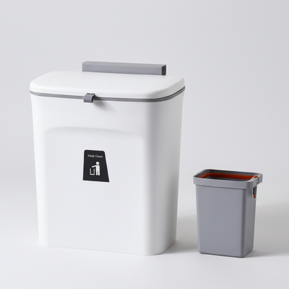 Luxora Hanging Trash Can with Lid - Easy Mount One Click Empty Kitchen Waste Bin