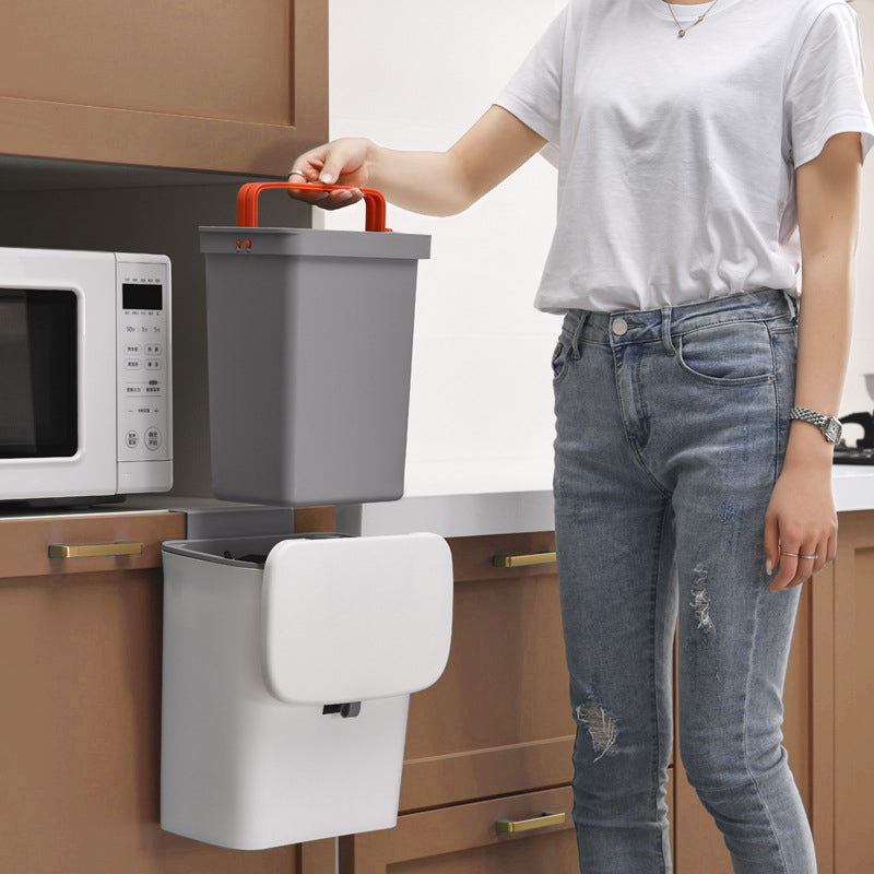 Luxora Hanging Trash Can with Lid - Easy Mount One Click Empty Kitchen Waste Bin