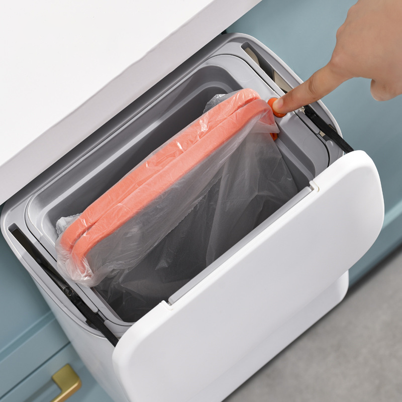 Luxora Hanging Trash Can with Lid - Easy Mount One Click Empty Kitchen Waste Bin