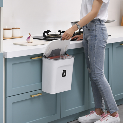 Luxora Hanging Trash Can with Lid - Easy Mount One Click Empty Kitchen Waste Bin