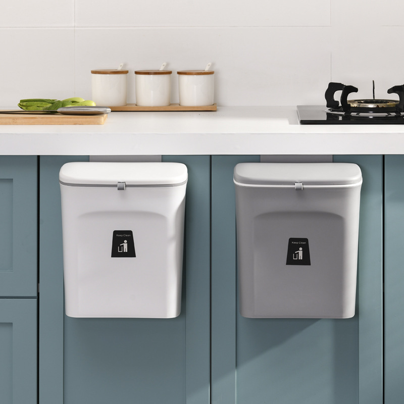 Luxora Hanging Trash Can with Lid - Easy Mount One Click Empty Kitchen Waste Bin