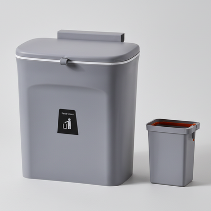 Luxora Hanging Trash Can with Lid - Easy Mount One Click Empty Kitchen Waste Bin