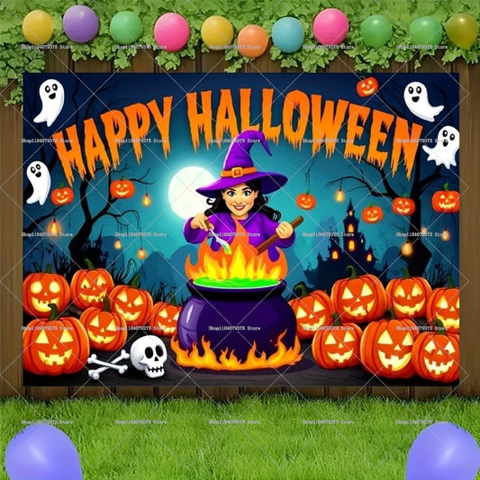 Happy Halloween Evil Witch Bat Black Cat Castle Photography Background Photo Decoration Supplies Home Party Celebration Banner 0
