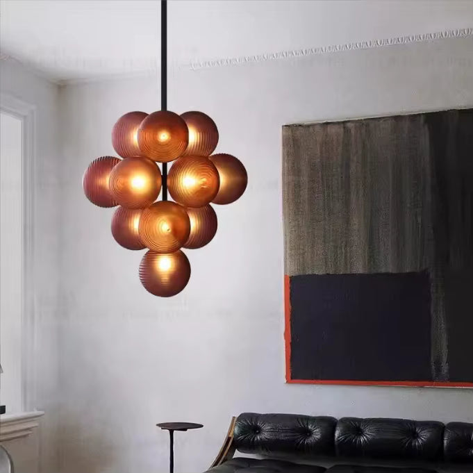 LuxRoyale Modern Grape Chandelier With Ribbed Glass Spheres In Purple