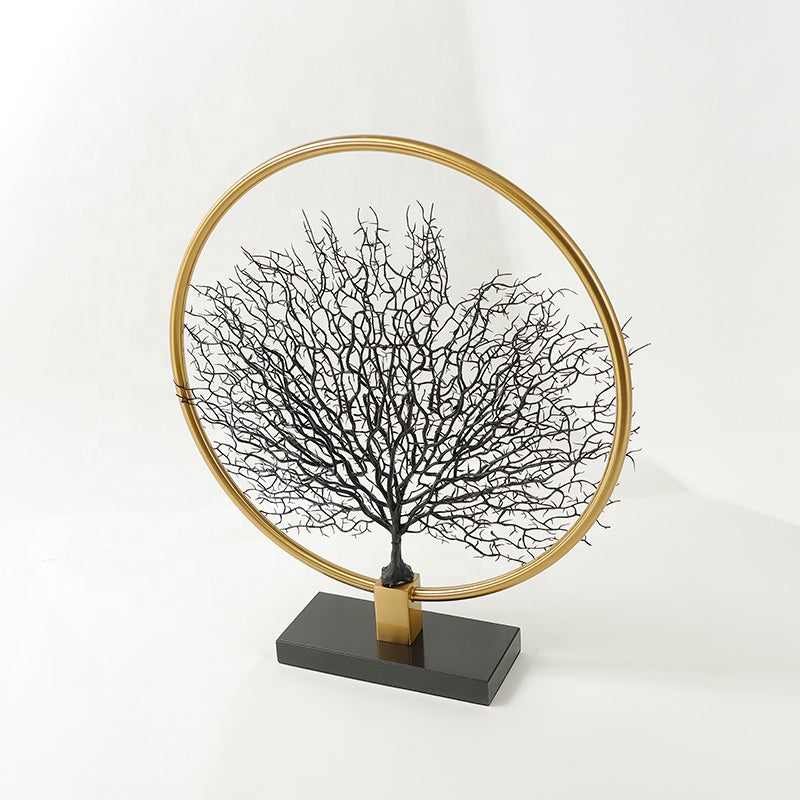RoyaleGlow Vintage Style Tabletop Tree Sculpture - Gold Ring & Metal Silhouette Art