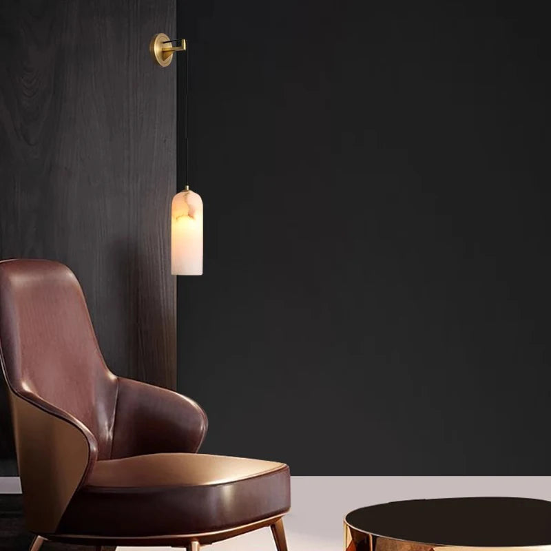 RoyaleGlow Modern Alabaster Wall Sconce - Brass LED Wall Light for Bedroom & Hallway