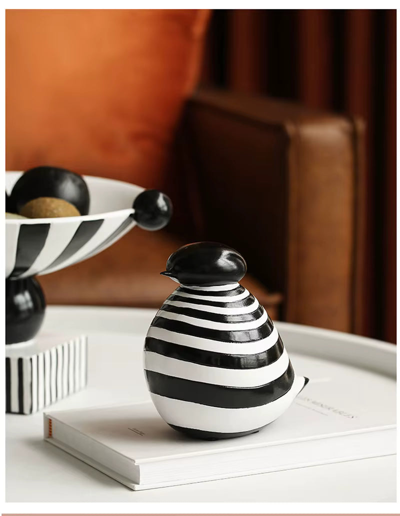 RoyaleGlow Nordic Striped Bird Figurine - Modern Black & White Ceramic Decor