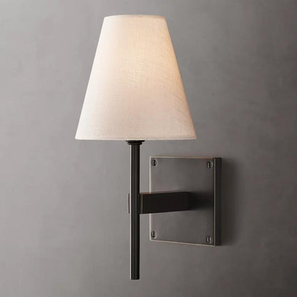 RoyaleGlow Bronze Wall Sconce with White Linen Tapered Shade for Bathroom & Hallway