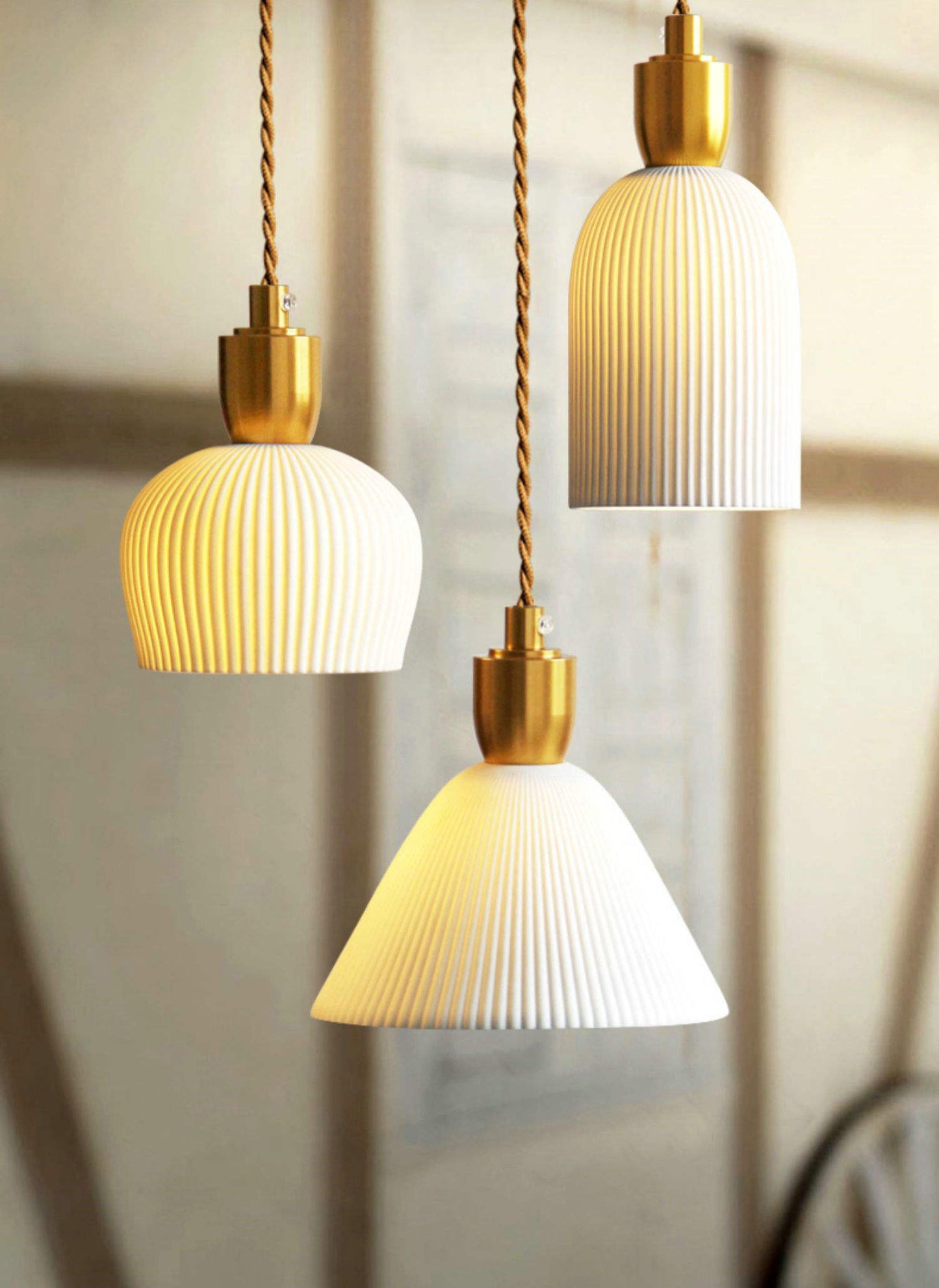 Royelux Modern Pleated Ceramic Pendant Light with Brass Accent for Kitchen Island