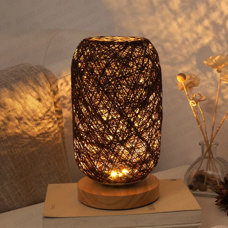 Royaleva Dimmable Rattan Ball Table Lamp with Wooden Base